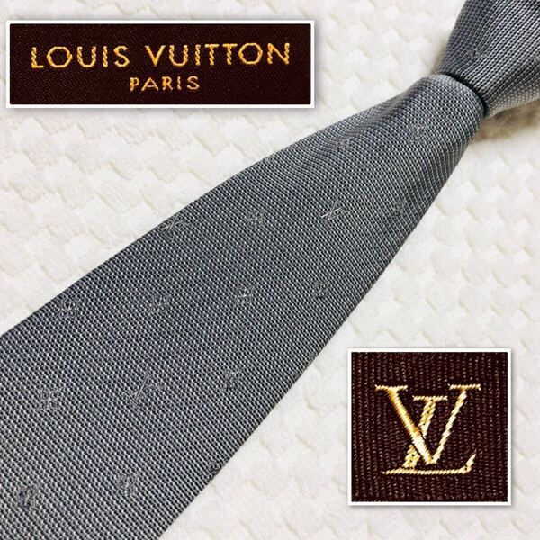 LOUIS VUITTON ルイヴィトン クラヴァット ネクタイ シルク100% イタリア製 モノグラム ロゴ刺繍総柄 シャドー シルバー系