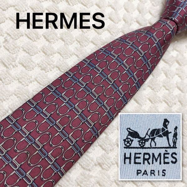 HERMES エルメス ネクタイ 鎧 金具 総柄 シルク100% フランス製 909 HA ボルドー ビジネス