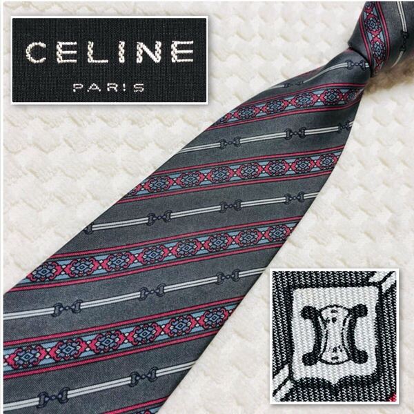 CELINE セリーヌ ネクタイ レジメンタルストライプ ジュエリー シルク100% スペイン製 グレー ビジネス