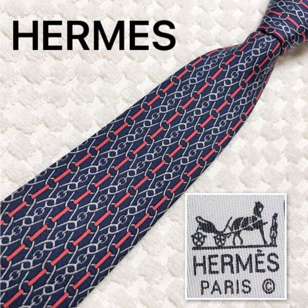 ■美品■HERMES エルメス ネクタイ 金具 総柄 シルク100% フランス製 989 SA ネイビー ビジネス