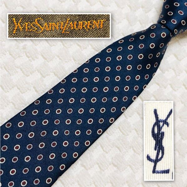 Yves saint Laurent イヴサンローラン ネクタイ ドット 総柄 シルク100% 日本製 ネイビー ビジネス