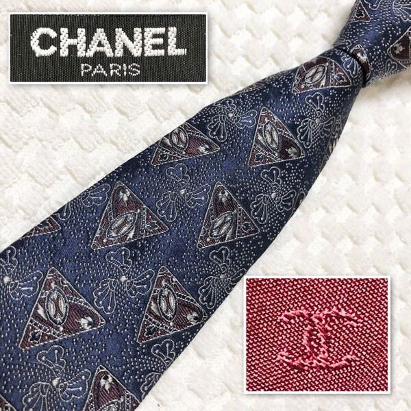■美品■CHANEL シャネル ネクタイ 花柄 トライアングル 総柄 シルク100% イタリア製 ネイビー ビジネス