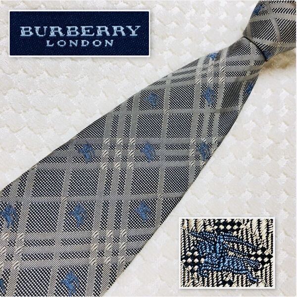 BURBERRY LONDON バーバリーロンドン ネクタイ グレーノバチェック×ホースマークロゴ刺繍 シルク100% イタリア製 ビジネス