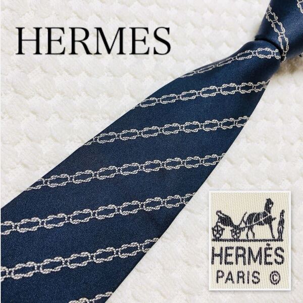 ■良品■HERMES エルメス レジメンタルストライプ ネクタイ シルク100% フランス製 7149 FA ネイビー ビジネス