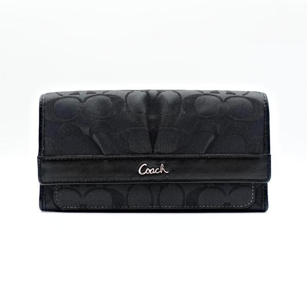 未使用 COACH コーチ シグネチャー レディース 三つ折り 長財布 ブラック サテンキャンバス メンズ レザー