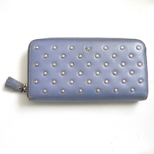 $ 美品 $ レアカラー ◆ ANYA HINDMARCH ◆ アニヤハインドマーチ ◆ スタッズ 本革 レザー製◆ ラウンドファスナー 長財布◆ ラベンダー系