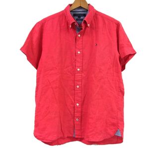 $ 美品 $ 希少カラー♪■ TOMMY HILFIGER トミーヒルフィガー■ ボタンダウン 麻・ 半袖 シャツ■メンズ M ■ 赤 ピンク ■ ロゴ刺繍 ■ 夏
