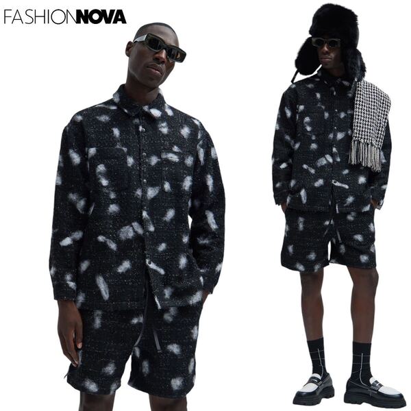 新品未使用 FASHION NOVA メンズ セットアップ 上下セット 長袖 シャツ ショートパンツ 日本未入荷 インポート 海外ファッション ブラック