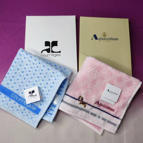 2枚セット タオルハンカチ アクアスキュータム Aquascutum クレージュ courreges 各1枚 タオルチーフ 在庫 アウトレット 新品 返品可