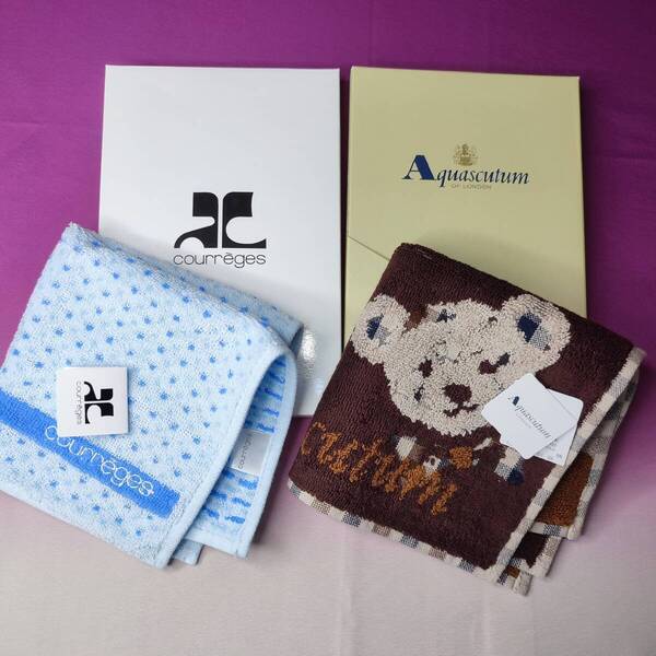 2枚セット タオルハンカチ アクアスキュータム Aquascutum クレージュ courreges 各1枚 タオルチーフ 在庫処分 アウトレット 新品 返品可