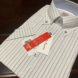 百貨店販売品 Exterrito 形態安定ブラックグレーストライプ半袖ワイシャツ M(首39㎝) ボタンダウン スリムフィット 送料無料
