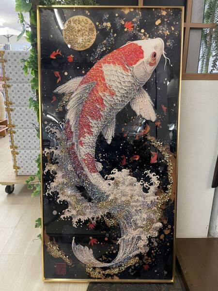 水晶絵 アートパネル 昇り鯉 鯉の滝登り 鯉 コイ クリスタル 絵画 アート 大判 大型 高さ120 壁掛け 絵 額縁 錦鯉 ニシキ鯉