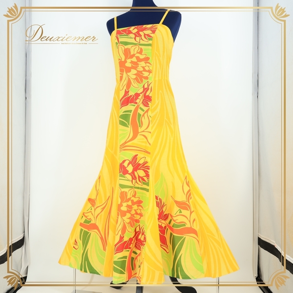 『送料無料』【美品 フラダンス衣装】イエロー FANCY DRESS ファンシードレス ワンピース ドレス 黄 赤 緑 キャミソール 花柄 かわいい