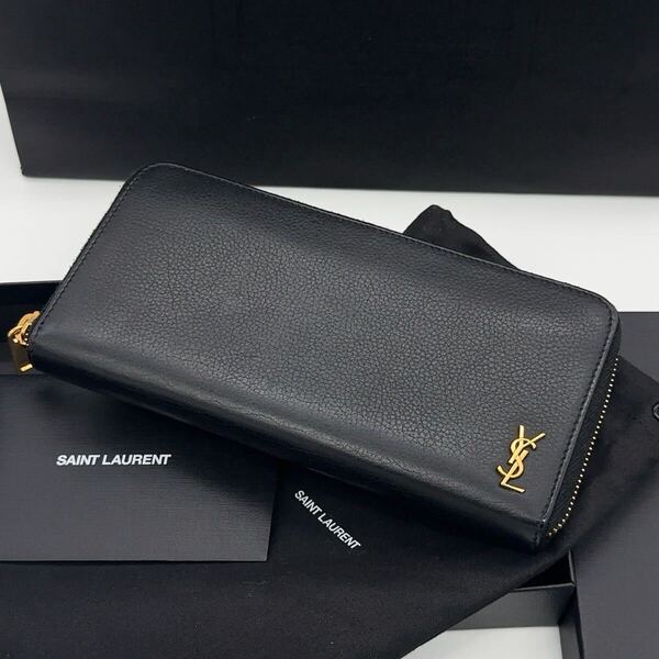 極美品 SAINT LAURENT サンローラン タイニーカサンドラ 長財布 ラウンドファスナー 牛シボ革 大人気 ユニセックス
