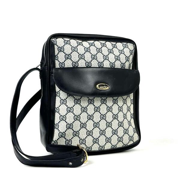 希少■GUCCI グッチ ショルダーバッグ クロスボディ 肩掛け 斜め掛け GGスプリーム 筆記体ロゴ PVC レザー ネイビー ユニセックス 男女兼用