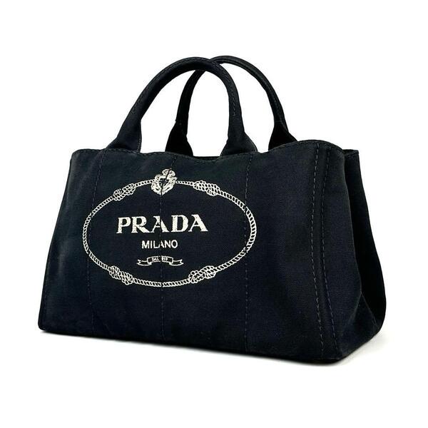 極美品■PRADA プラダ カナパ ハンドバッグ トートバッグ 三角ロゴ トライアングル ゴールド金具 デニム ブラック ユニセックス 男女兼用