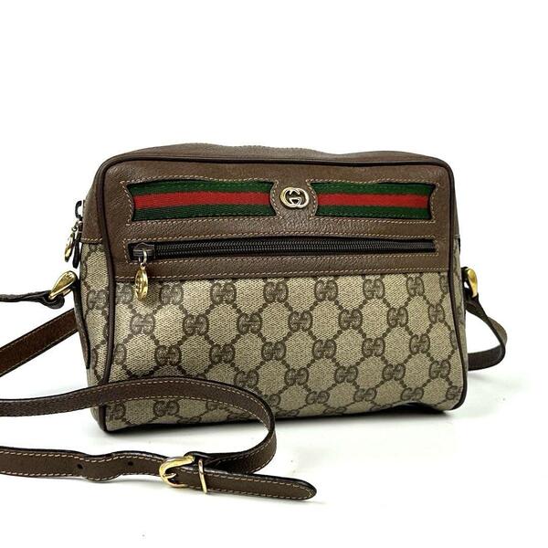 美品■GUCCI グッチ ショルダーバッグ クロスボディ 肩掛け 斜め掛け シェリーライン PVC レザー ブラウン メンズ レディース ユニセックス