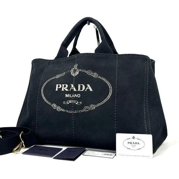 美品■PRADA プラダ カナパ ハンドバッグ トートバッグ 2WAY ショルダーバッグ クロスボディ 肩掛け 斜め掛け 三角ロゴ ブラック デニム