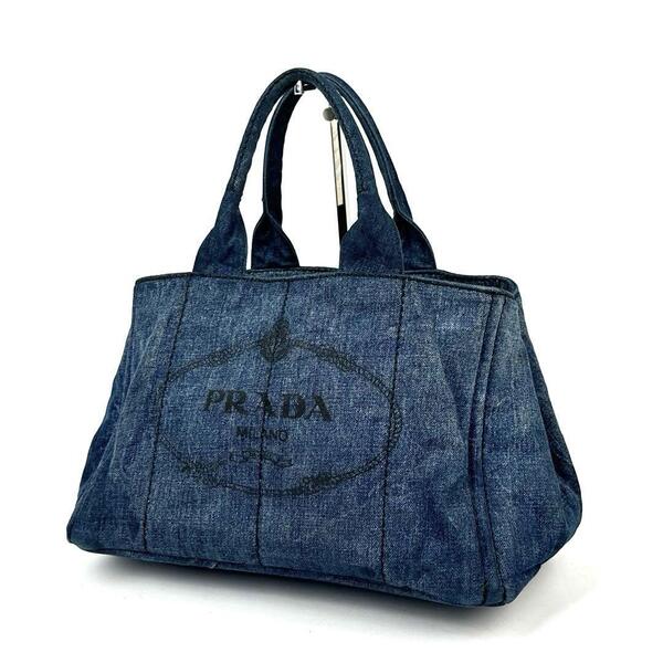 美品■PRADA プラダ カナパ ハンドバッグ トートバッグ ミニボストン 三角ロゴ トライアングル ゴールド金具 デニム ブルー ユニセックス