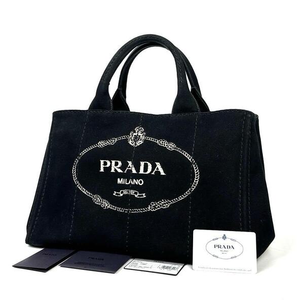 極美品■PRADA プラダ カナパ ハンドバッグ トートバッグ 三角ロゴ トライアングル ゴールド金具 デニム ブラック カード付 ユニセックス
