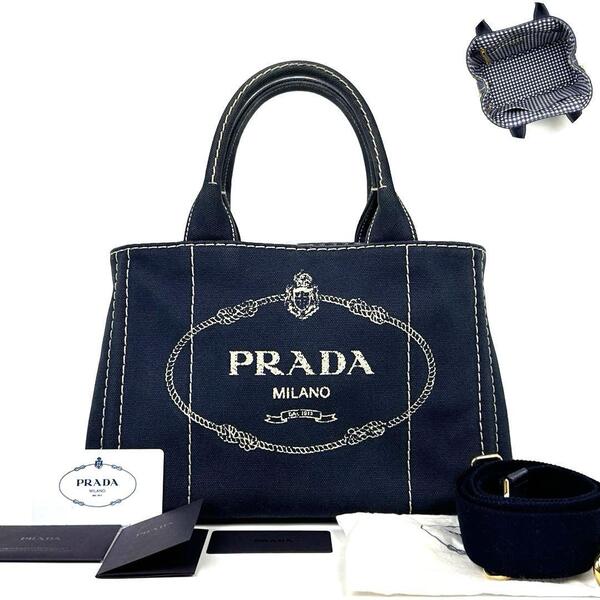 極美品■PRADA プラダ カナパ ハンドバッグ 三角ロゴ 2WAY ショルダーバッグ クロスボディ 肩掛け 斜め掛け デニム ネイビー ユニセックス