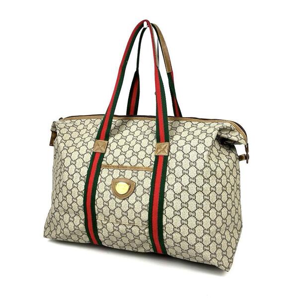美品■GUCCI グッチ ハンドバッグ トートバッグ ボストンバッグ GGプラス グッチプラス ゴールド金具 シェリーライン ブラウン PVC レザー