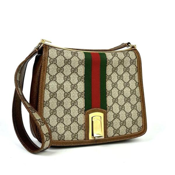 美品■GUCCI グッチ ショルダーバッグ 肩掛け トートバッグ GGスプリーム ゴールド金具 シェリーライン 茶系 PVC レザー ユニセックス