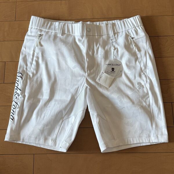 マークアンドロナ MARK&LONA ショートパンツ 総柄 ポリエステル コットン ストレッチ カモフラ MLM-4A-AT32 BLACK ホワイト 52 ゴルフ