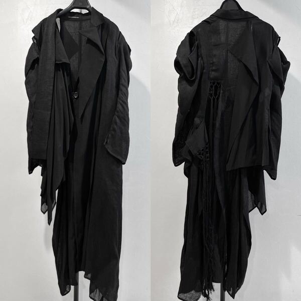 2025SS ヨウジヤマモト 今期 コート ジャケット リネン ロングコート yohji yamamoti 長袖 ブラック 定価38.7万円 アウター