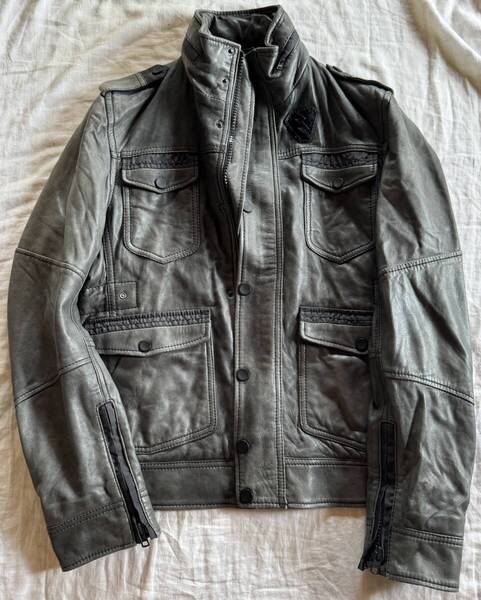 DIESEL】ディーゼル★レザージャケット ブルゾン 羊革 ラムレザー サイズS 厚手ラムレザー 高級タイプ グレイ M-65 ミリタリー