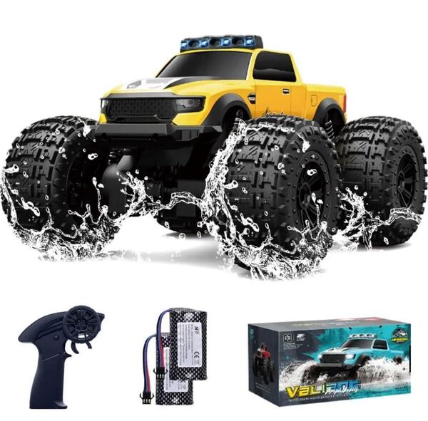黄色バッテリー2本 水陸両用 ラジコンカー モンスタートラック 四駆 オフロード ドリフト 防水 4WD 360°回転 ボート 日本語 JJRC C8816
