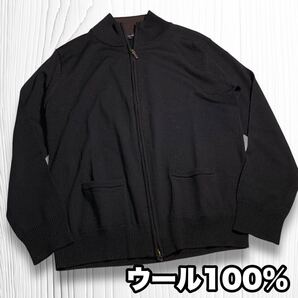 ウール100% ドライバーズニット ジップアップニット 黒 カーディガン Mサイズ 薄手 ハイゲージニット