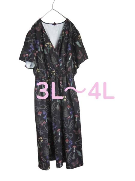 送料無料 C34 美品 【2XL・3L~4L】 ブラック メルヘン柄 半袖 チュニック ワンピース 大きいサイズ ゆうパケットプラス