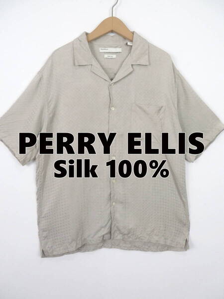 ペリーエリス シルク100% オープンカラー ほぼ無地 半袖シャツ L ★ PERRY ELLIS 市松模様 グレー 開襟 USA アメリカ 古着 アロハシャツ