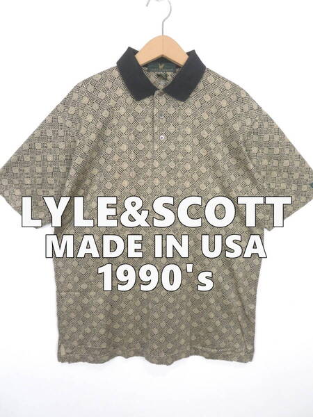 90s USA製 ライルアンドスコット 総柄 ポロシャツ M L程度 ★ LYLE&SCOTT 総柄 メンズ アメリカ製 古着 半袖 オールド 黒 ブラック