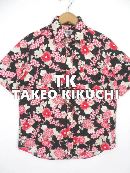 TK タケオキクチ 和柄 牡丹 彼岸花 アロハシャツ 3 ★ TAKEO KIKUCHI 半袖 花柄 黒 ブラック メンズ レディース ユニセックス