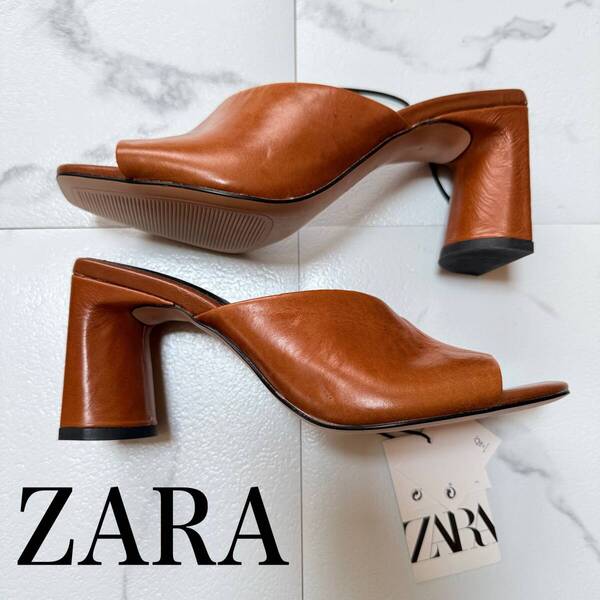 ★ ZARA ザラ ブラウン リアルレザー レザー 革製 スクエアトゥ サンダル ミュール サイズ 24㎝ 未使用 ★