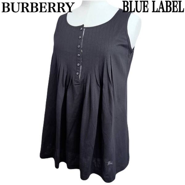 BURBERRY BLUE LABEL バーバリーブルーレーベル ノースリーブ カットソー ブラック ホース刺繍 ハーフボタン チェック 38 Y2K 00s 平成