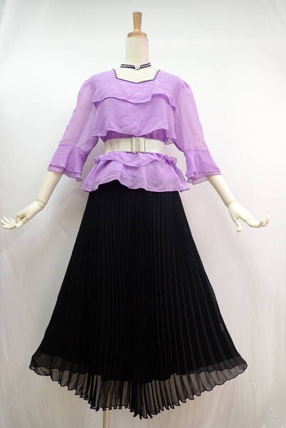 ③25G03★SALE!!★M★ベルト付き♪紫/黒/プリーツ/トップス&スカート/スタンダードドレス☆社交ダンス/モダン/パーティー