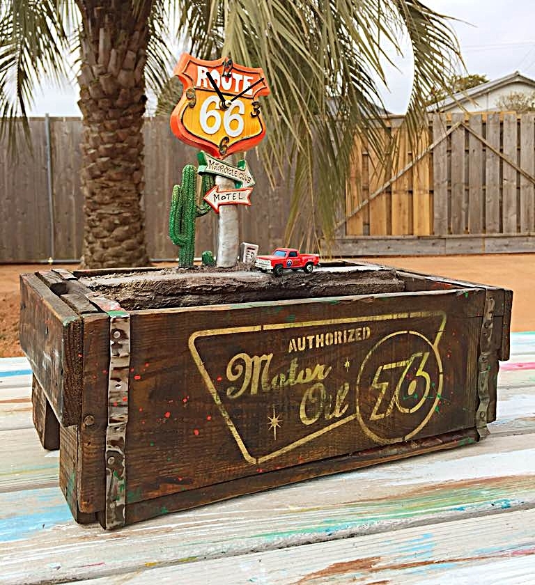 Américain/ROUTE66 Cactus/Jardinière d'affichage/#Vintage#Boîte en bois#Route 66#Huile moteur#Panneau routier#Chevrolet#K-10, Articles faits à la main, intérieur, marchandises diverses, autres