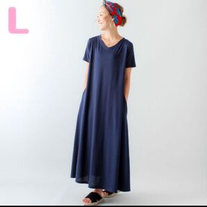 新品未使用未開封★タグ付き★Aラインゆったり半袖マキシ丈ワンピース ビッグシルエット ネイビー L