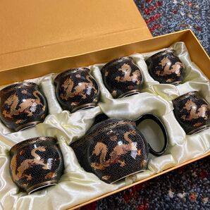 茶器7点セット 龍柄 湯呑み 急須 黒 金