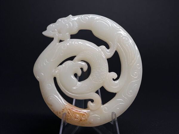 古美術 細工透彫 龍鳳紋 和田玉 縁起物 財運金運 中国古玩 お守り 旧家蔵出し
