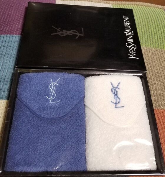 イヴ・サンローラン YVESSAINT LAURENT ロゴマーク刺繍入り ハンカチタオル 2枚セット 箱入り