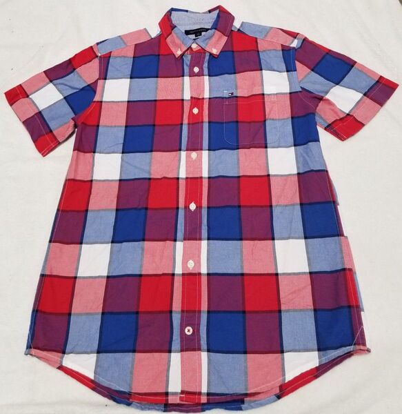 TOMMY HILFIGER トミーヒルフィガー Mサイズ 半袖チェックシャツ ロゴマーク刺繍入り 美品