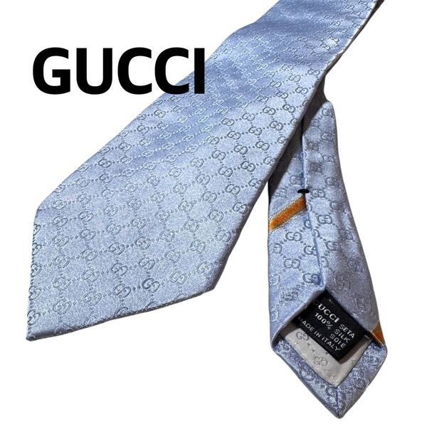 【極美品】GUCCI ネクタイ GG柄 青 水色 ブルー 総柄 シェリーライン シルク100