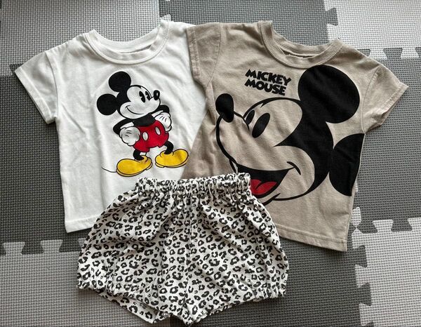 ミッキー半袖Tシャツ2枚 +レオパード柄ハーフパンツ 3枚セット ディズニーベビー 西松屋 かぼちゃパンツ ブルマ 半袖トップス