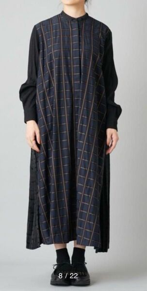 イアパピヨネ スカーフ風 柄切り替え ロング ワンピース チェック プリーツ ネイビー×ブラック スタンドカラーシャツ
