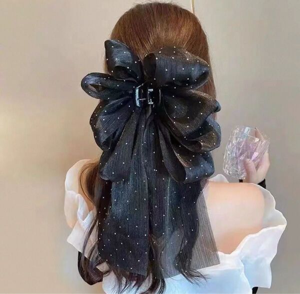ブラックリボンヘアアクセサリー ヘアバレッタ リボンバレッタ ヘアアクセサリー ブラック バレッタ 黒 韓国 シュシュ