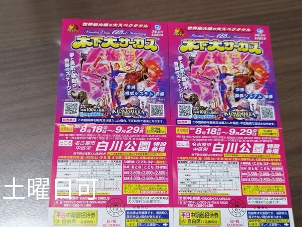 木下大サーカス 名古屋チケット 平日券 2枚